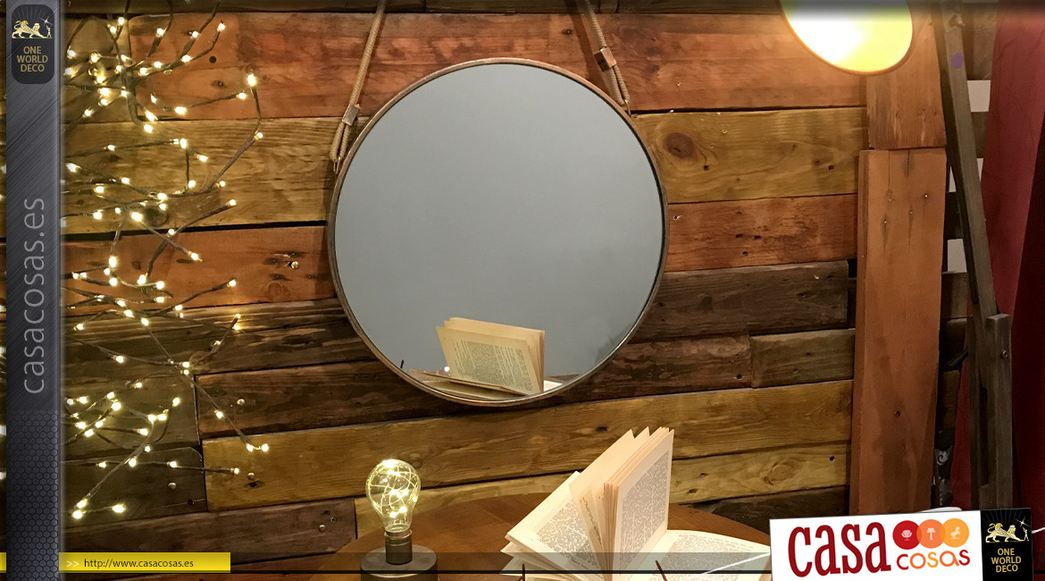 Espejo de pared redondo para colgar, de metal acabado cobre efecto envejecido con cuerda trenzada, Ø47cm