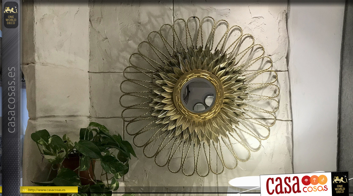 Decoración de pared con espejo de metal acabado dorado, forma de flor estilizada, Ø80cm