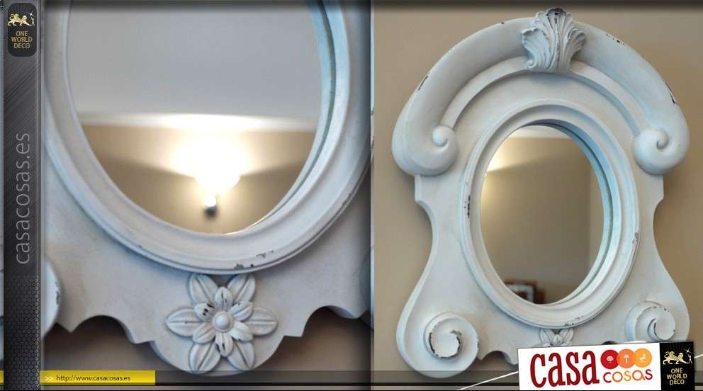Espejo de ojo de buey de estilo antiguo con acabado blanco antiguo
