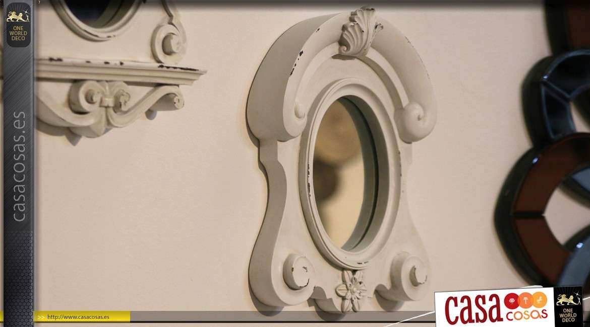 Espejo de ojo de buey de estilo antiguo con acabado blanco antiguo