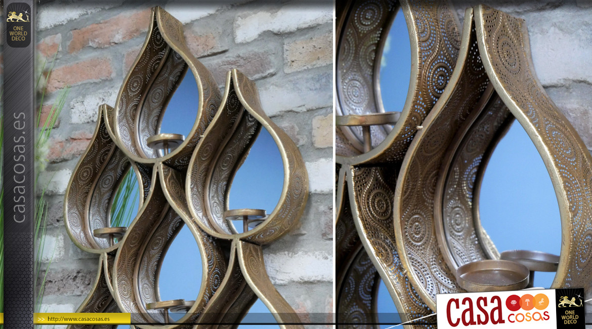 Espejo de pared grande en forma de gotas con candelabro delante de cada nicho, en metal acabado dorado, espíritu moucharabieh, 88cm