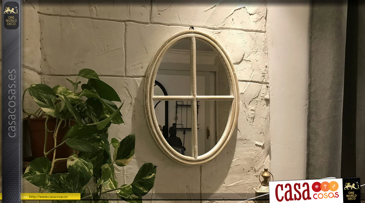 Espejo de pared ovalado de madera blanqueada, estilo country antiguo, 60 cm