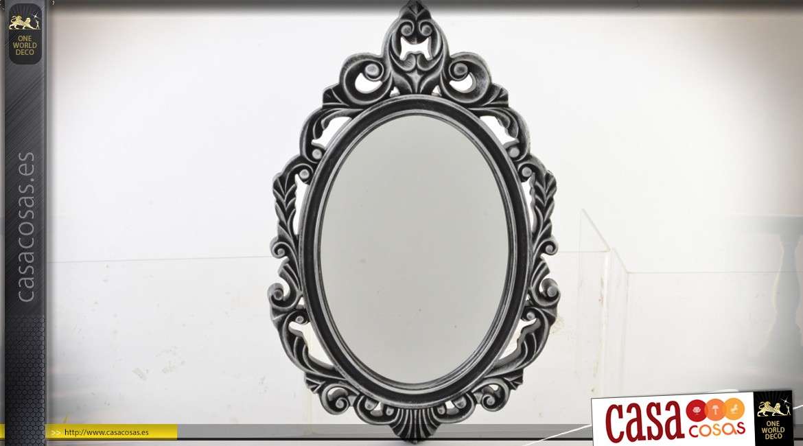 Espejo ovalado de estilo barroco con motivos entrelazados, pátina calada antracita 37,5 cm