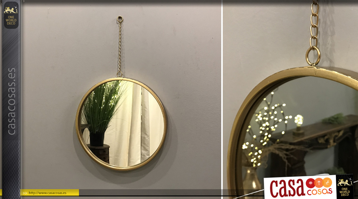 Espejo redondo con cadena colgante, en metal dorado, discreto estilo moderno, Ø35cm
