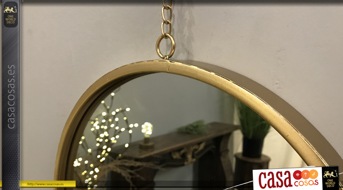 Espejo redondo con cadena colgante, en metal dorado, discreto estilo moderno, Ø35cm