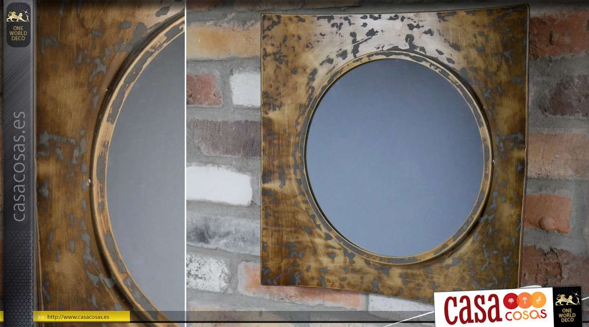 Espejo redondo con marco cóncavo industrial y acabado retro cobre 40 x 40 cm