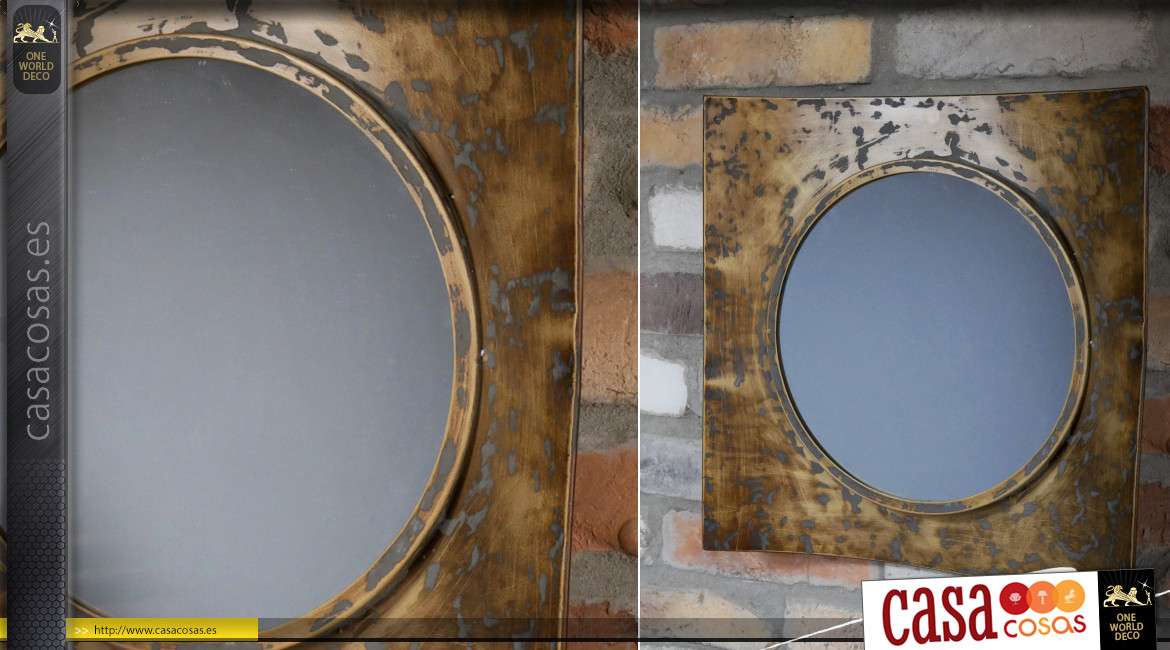 Espejo redondo con marco cóncavo industrial y acabado retro cobre 40 x 40 cm