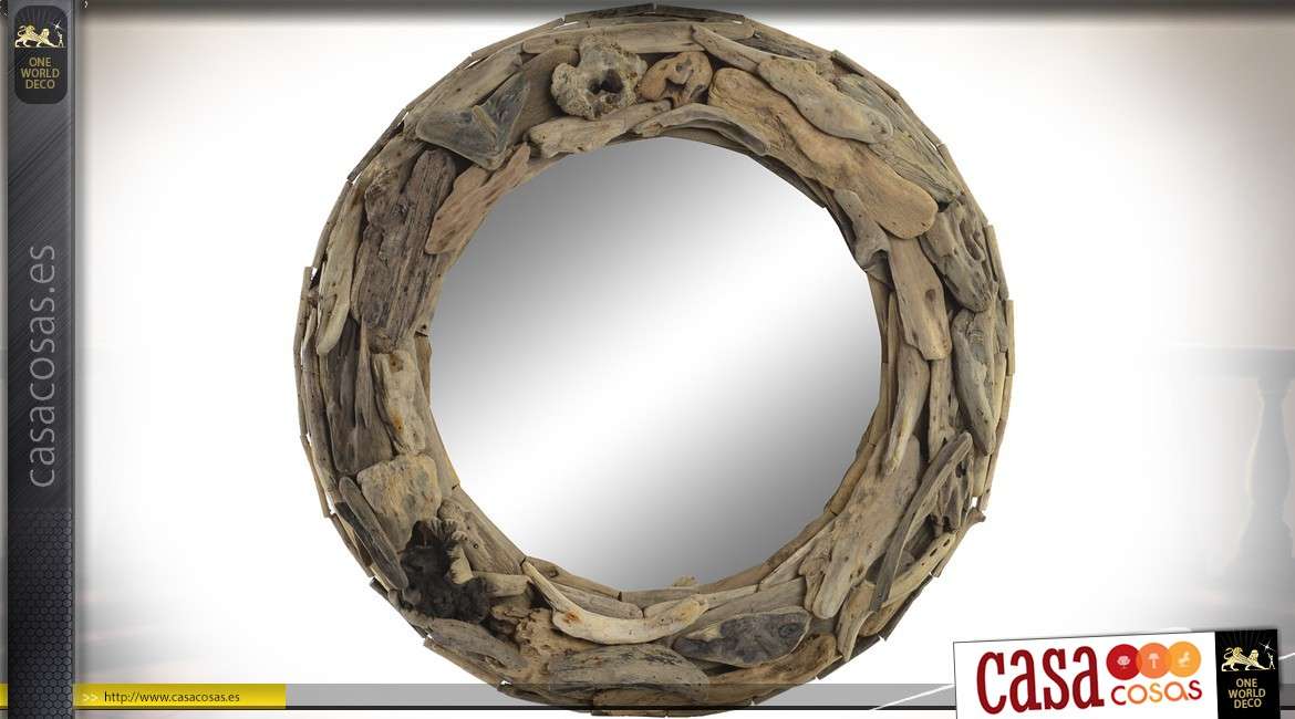 Espejo redondo de estilo rústico de madera flotante  Ø 60 cm