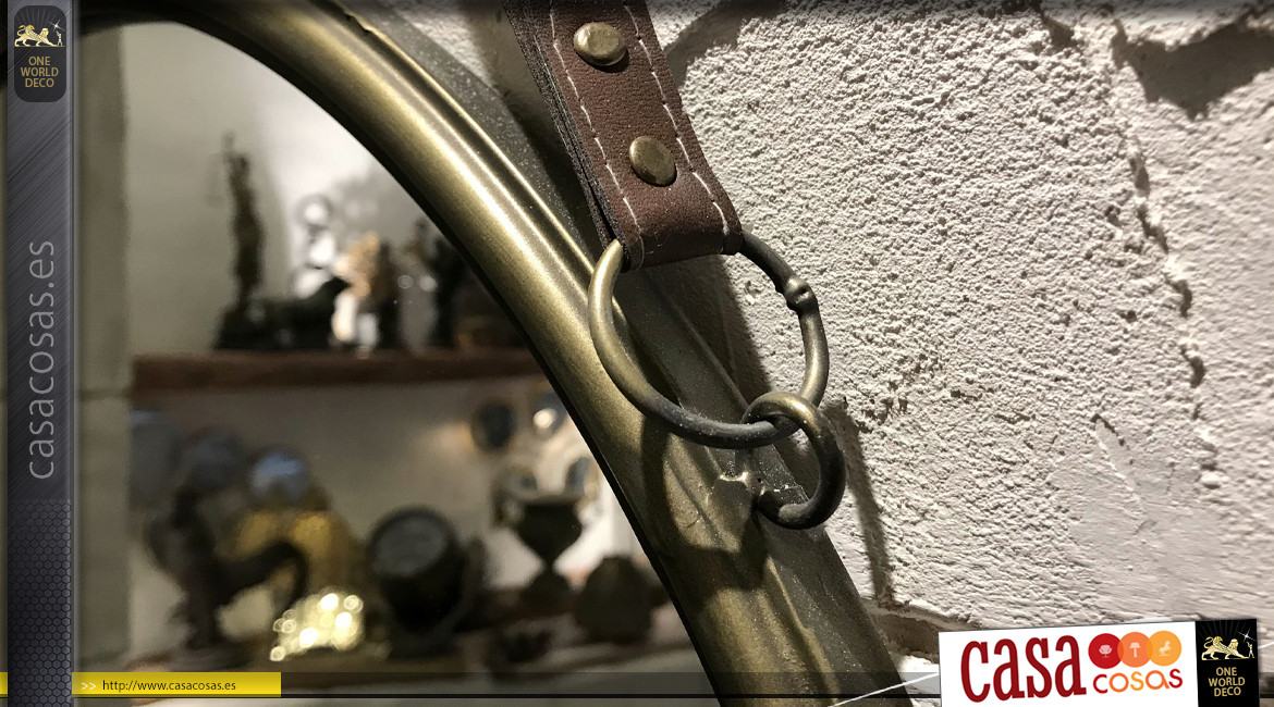 Espejo redondo de metal acabado latón envejecido, cinturón de suspensión, Ø60cm