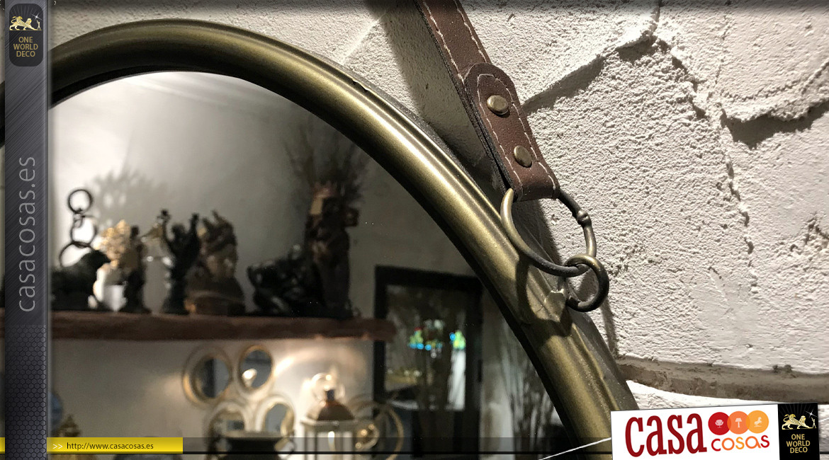 Espejo redondo de metal acabado latón envejecido, cinturón de suspensión, Ø60cm
