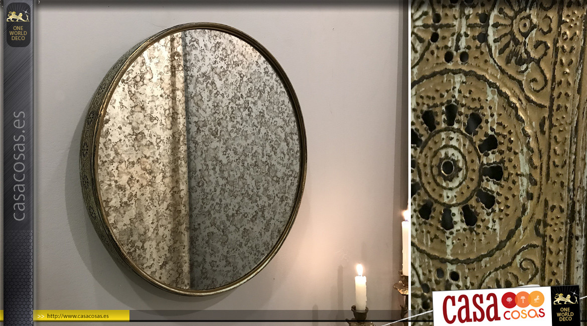 Espejo redondo de metal dorado con cristal antiguo efecto hielo, ambiente retro chic, Ø50cm