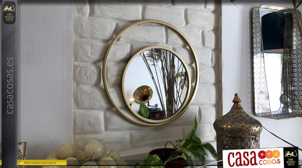 Espejo redondo de metal, elegante marco de estilo moderno, acabado dorado cepillado 48 cm