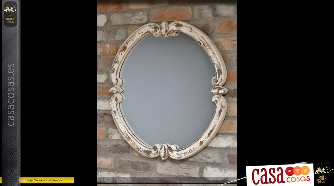 Espejo rústico redondo de madera tallada con pátina blanca envejecida Ø 68 cm