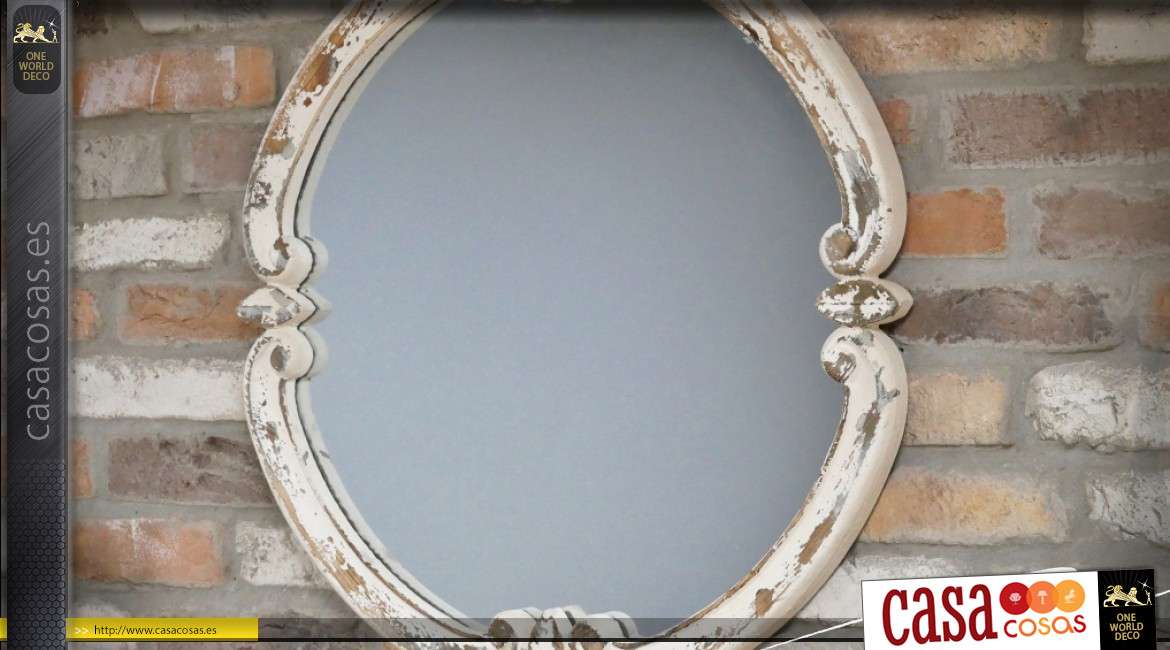 Espejo rústico redondo de madera tallada con pátina blanca envejecida Ø 68 cm