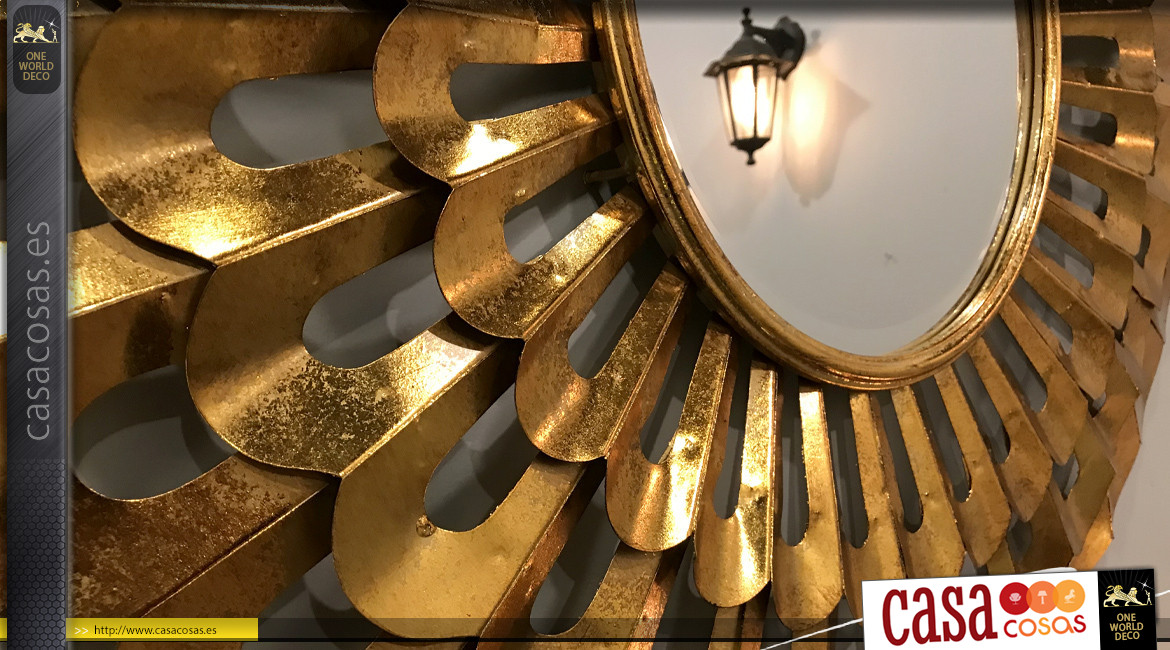 Gran espejo de flores Art Deco calado en oro y metal envejecido Ø 89 cm