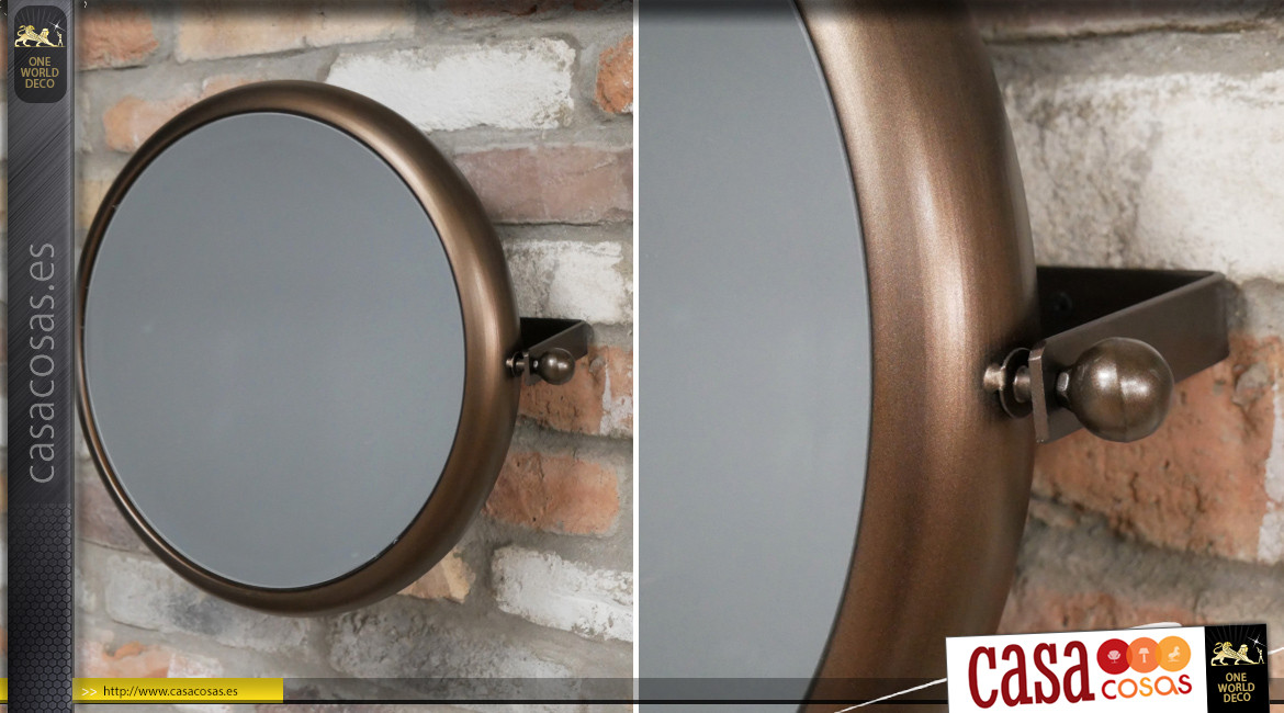 Espejo de pared de metal para baño, modelo basculante, acabado marrón avellana con reflejos cobre, Ø40cm