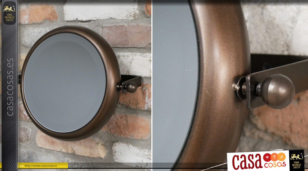 Espejo de baño redondo de metal, modelo inclinable Ø28cm, acabado marrón avellana con reflejos cobre