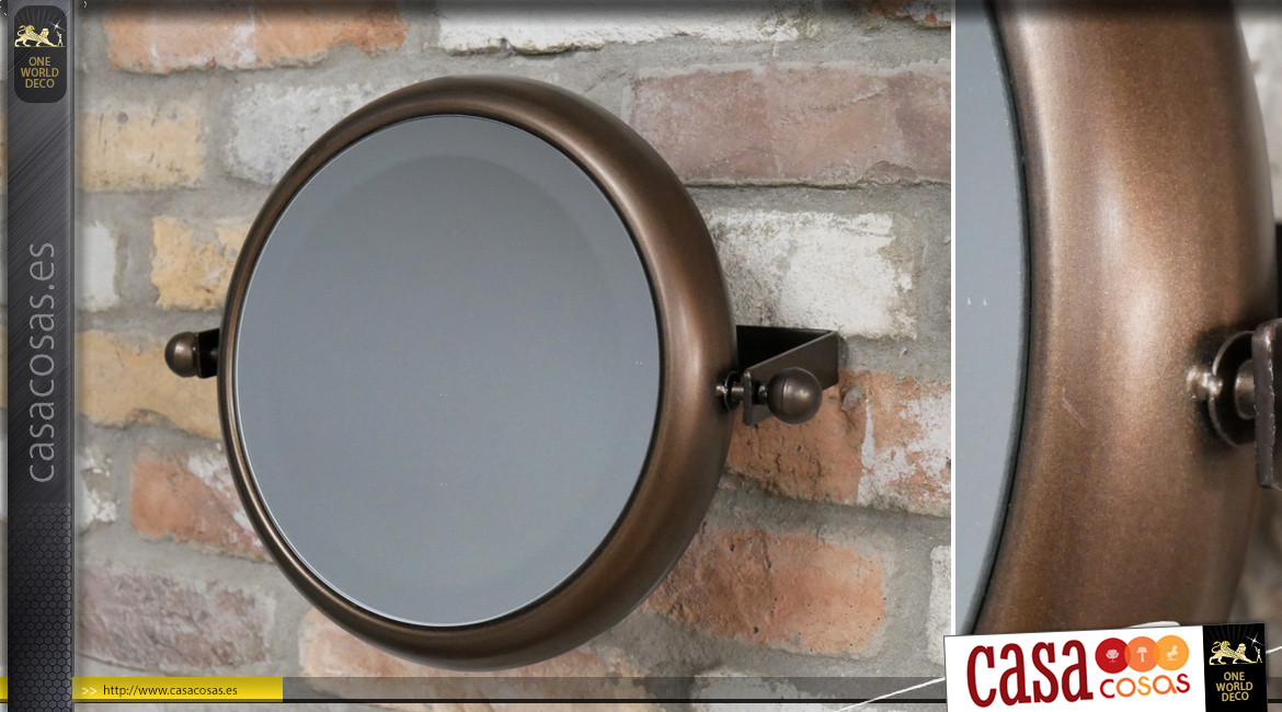 Espejo de baño redondo de metal, modelo inclinable Ø28cm, acabado marrón avellana con reflejos cobre