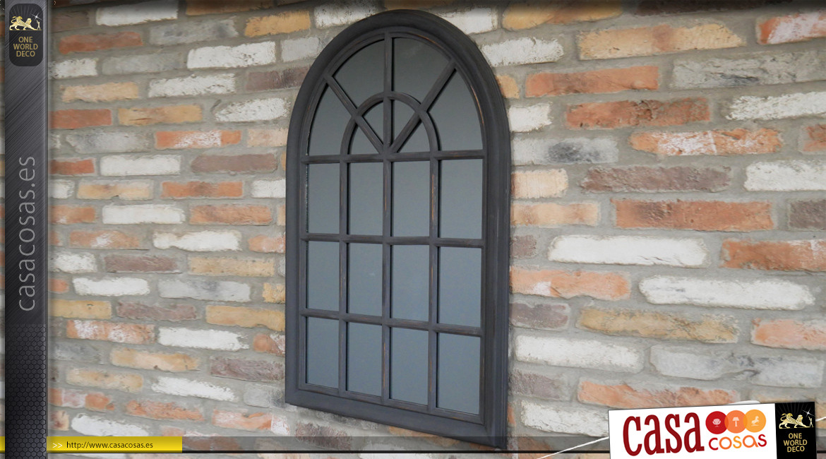 Espejo grande de madera para ventana, acabado negro carbón, efecto envejecido, ambiente romantico moderno, 102cm
