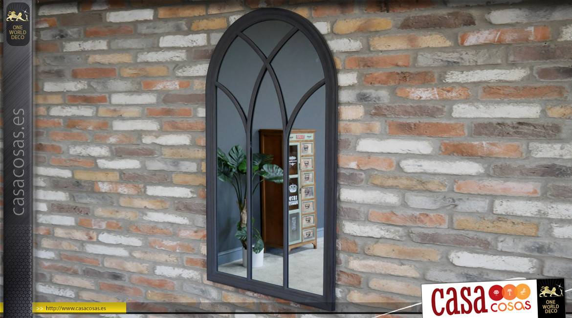 Espejo grande redondeado forma de ventana de madera, acabado negro carbón, efecto envejecido, ambiente romantico chic, 140cm