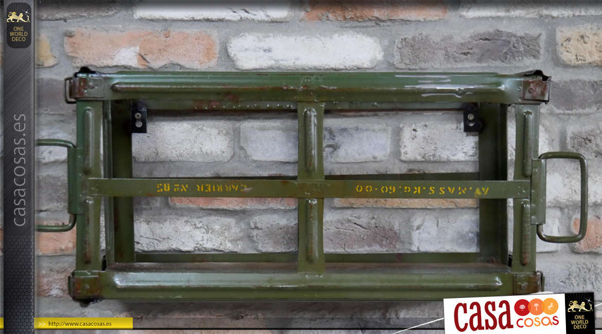 Estante de pared de metal recuperado de una vieja caja de metal oxidado, acabado verde militar, 78 cm
