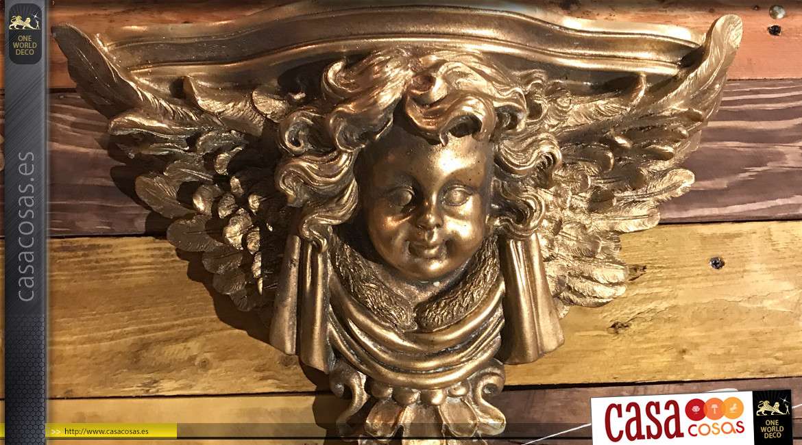 Consola de pared clásica con diseño de cabeza de ángel tallado, acabado dorado envejecido 38,5 cm