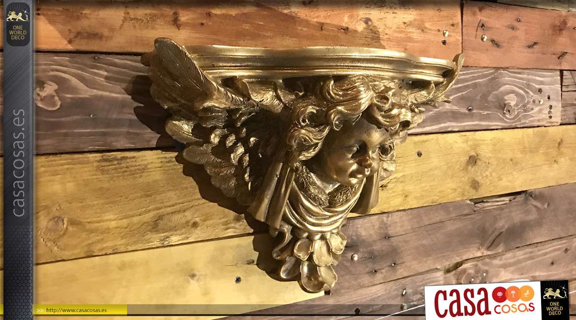 Consola de pared clásica con diseño de cabeza de ángel tallado, acabado dorado envejecido 38,5 cm
