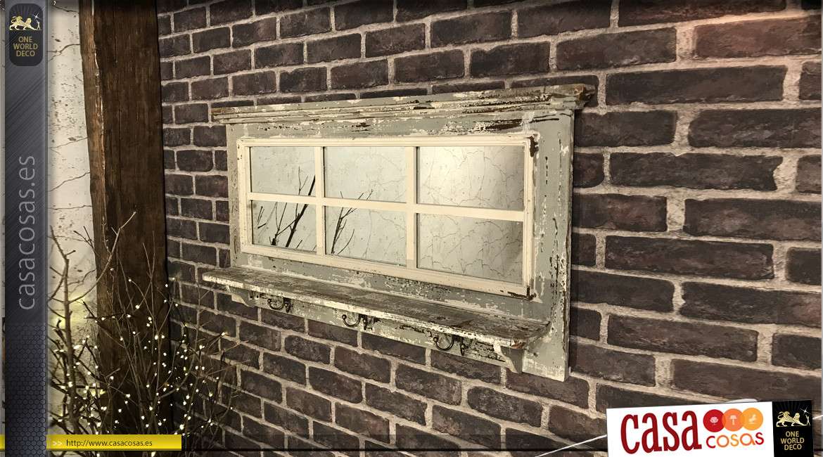 Espejo de entrada en madera estilo ventana, acabado gris envejecido, con balda y ganchos, estilo casa de campo antigua, 97cm