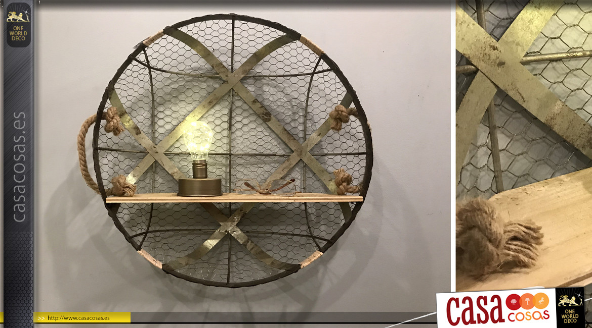 Estante circular en metal, madera de abeto, fondo de malla de cuerda y jaula de pollo, estilo rústico, Ø50cm