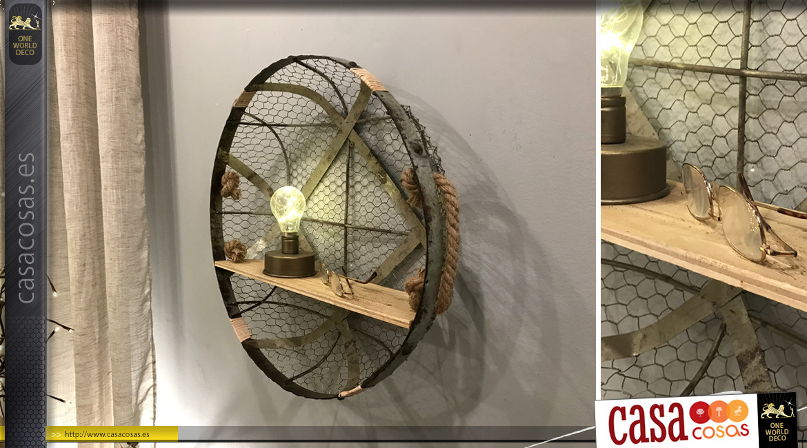 Estante circular en metal, madera de abeto, fondo de malla de cuerda y jaula de pollo, estilo rústico, Ø50cm