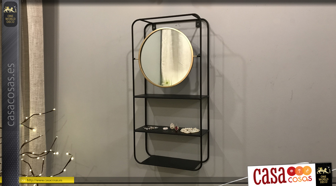 Estante de baño de metal y espejo redondo inclinable, ambiente moderno y elegante, 65 cm