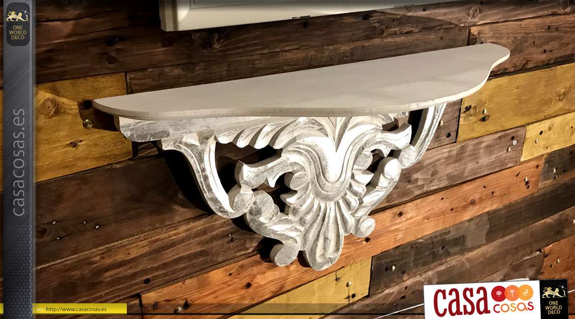 Estantería / consola barroca acabado blanco con aspecto antiguo en madera tallada 60 cm