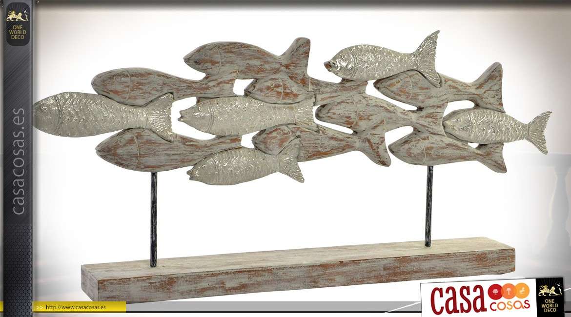 Escultura banco de pescado con soporte envejecido de madera de mango y metal 67 cm