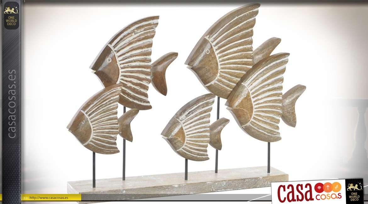 Escultura en base de banco de peces exóticos de madera tallada 73 cm
