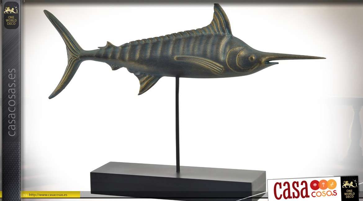 Estatua de animal sobre pedestal, madera de pez espada tallada acabado envejecido bronce 52 cm