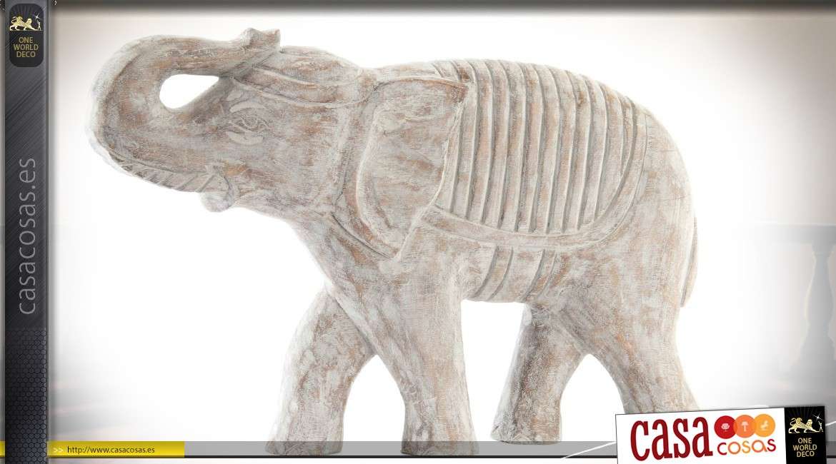 Estatuilla de elefante tallada en madera, acabado envejecido y blanqueado 50 cm