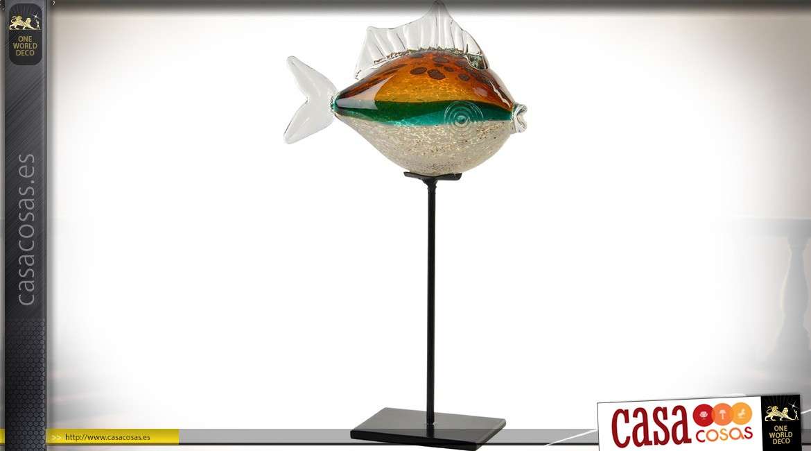 Estatuilla de peces de cristal exóticos en base de metal negro 33 cm