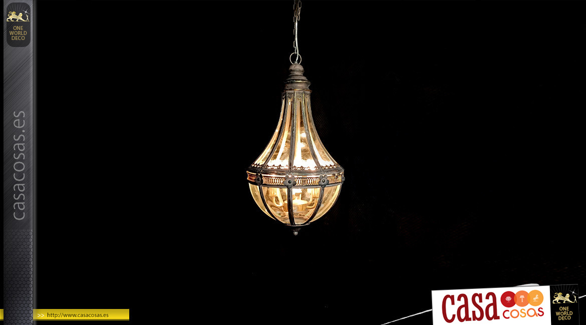 Lámpara colgante moderna en metal y vidrio, forma de candelabro de globo en acabado marrón con reflejos dorados, 67cm