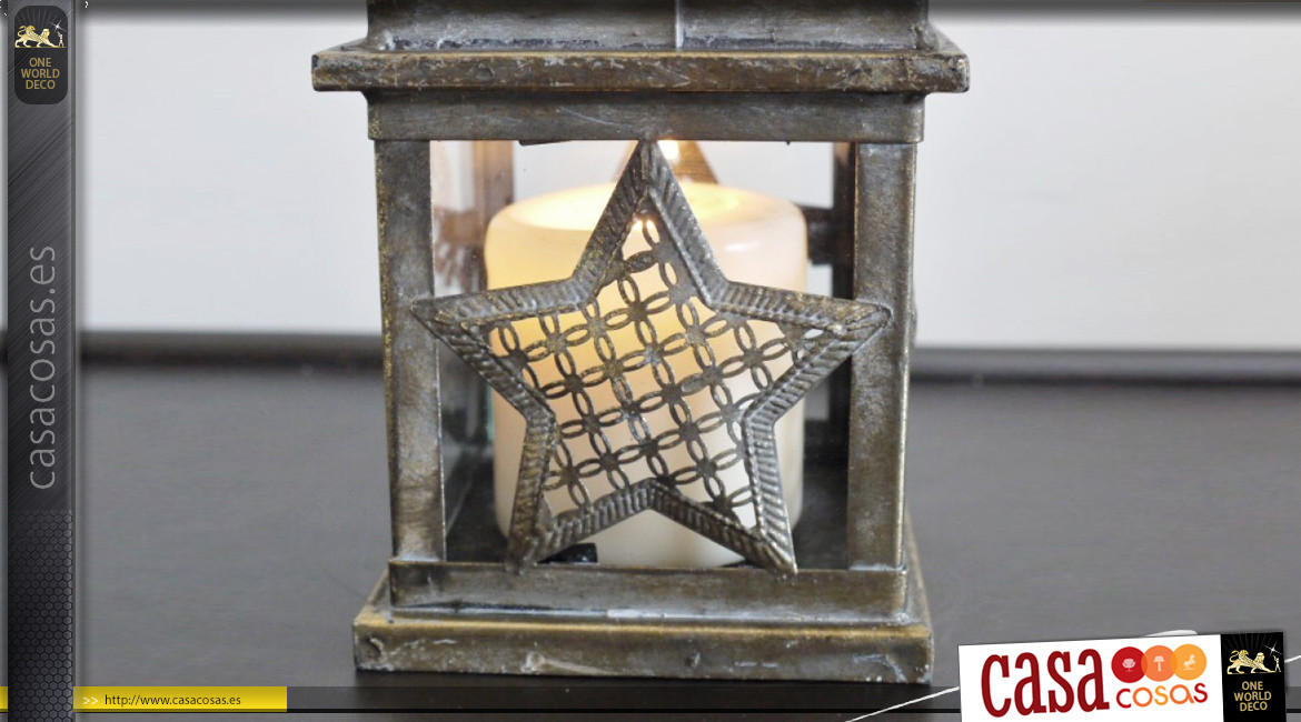 Farolillo pequeño de metal y cristal con forma de estrella en los azulejos, ambiente navideño, 22cm