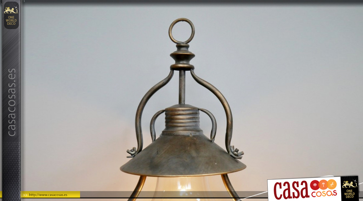 Farol decorativo de metal y campana de cristal, ambiente hierro forjado, acabado cobre patinado bronce viejo, 47cm