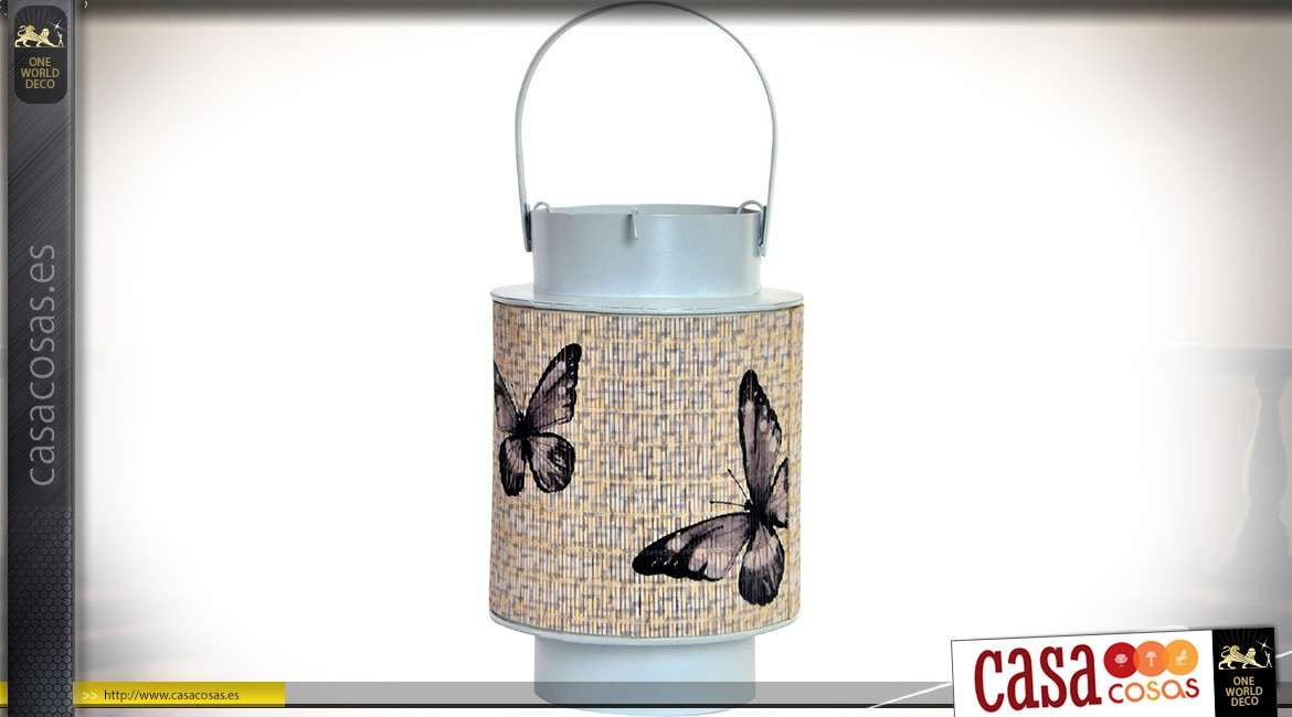 Candelero de la linterna en metal gris claro y bambú, ilustraciones del modelo de mariposa