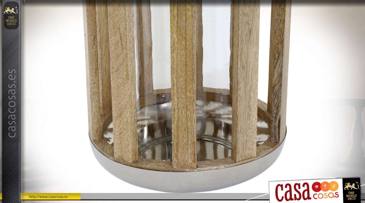 Farol cilíndrico en madera natural y metal plateado pulido 32 cm