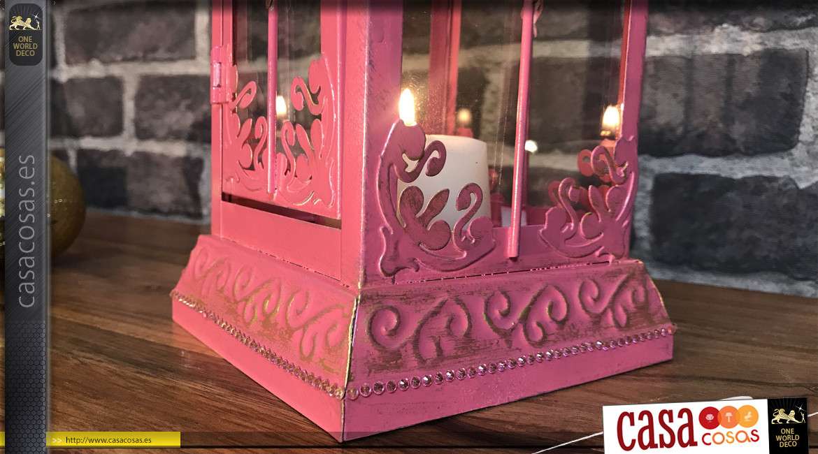 Farol de metal rosa caramelo, bandas de pedrería brillante y pátina de oro viejo, espíritu de princesa, 40cm