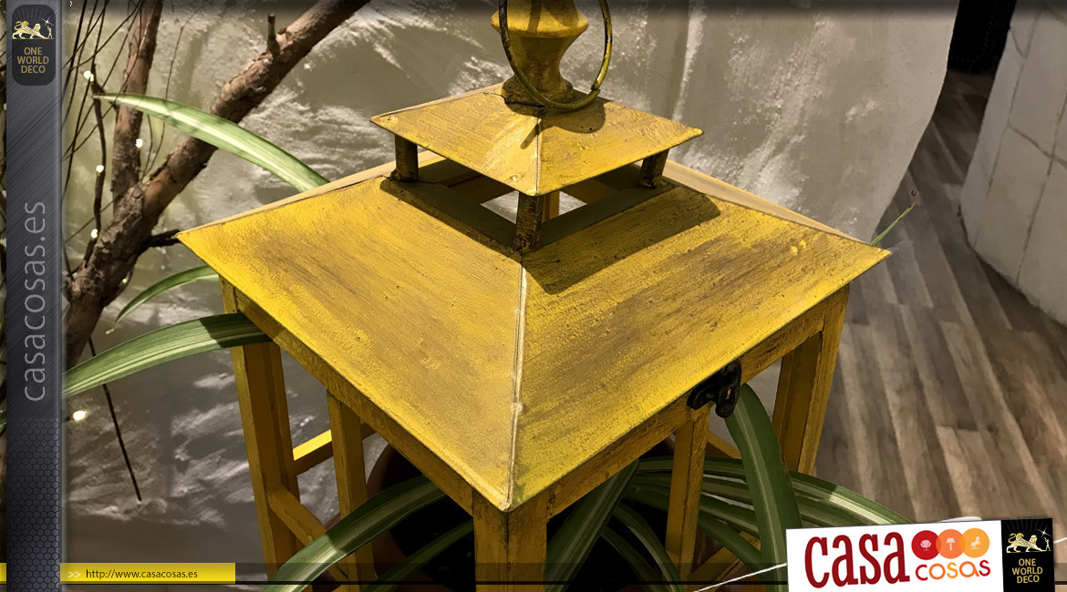 Farol decorativo de madera y metal acabado amarillo efecto envejecido estilo antiguo bar provenzal 46cm