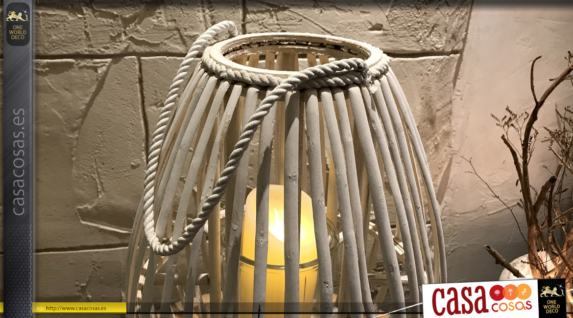 Farolillo de mimbre blanqueado con cuerda y cilindro de vidrio, estilo romántico, 50cm