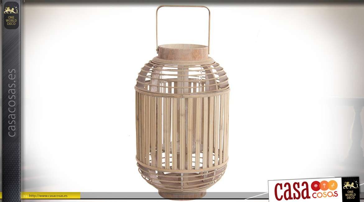 Linterna de vela cilíndrica de bambú natural con soporte central de vidrio