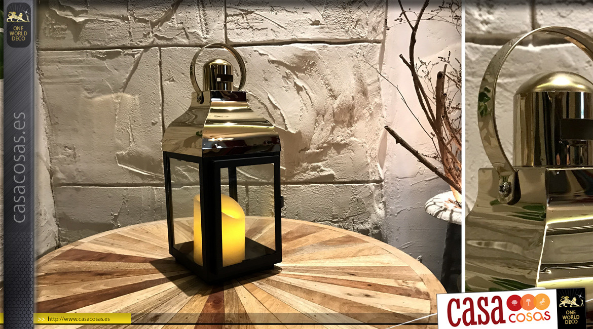 Linterna pequeña de metal en acabado negro antracita y cromo dorado, ambiente moderno contemporáneo, 32cm