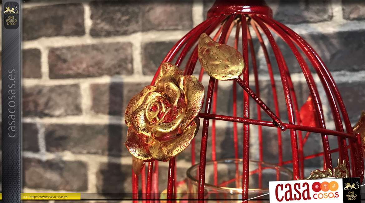 Portavelas de metal con forma de jaula de pájaros, acabado rojo pasión y rosas doradas, 37cm