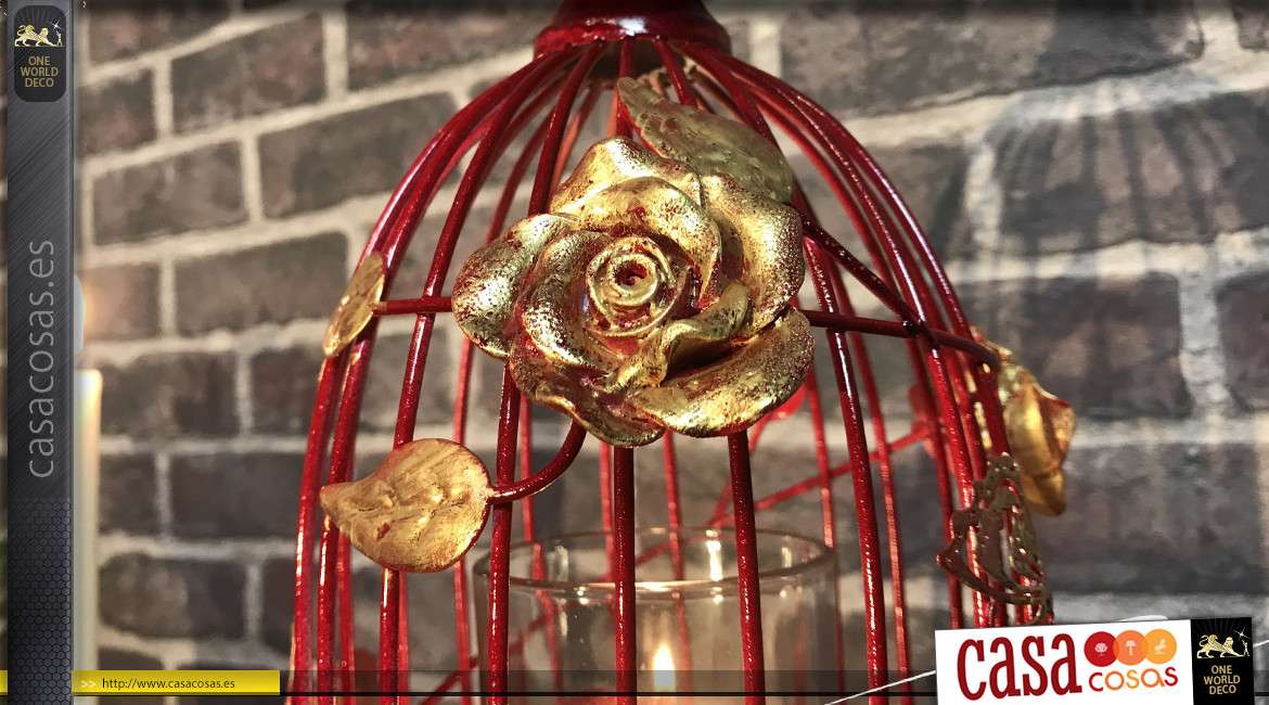 Portavelas de metal con forma de jaula de pájaros, acabado rojo pasión y rosas doradas, 37cm