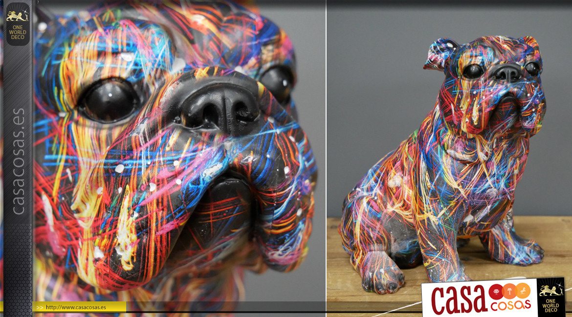 Estatuilla bulldog de resina con acabados modernos y contemporáneos, ambiente de diseño colorido, 22cm